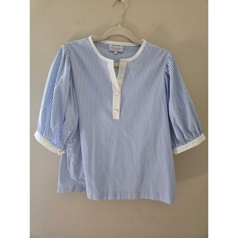 Diane Bailey The Beach House SSI Blue White Striped Puff Sleeve Blouse Large